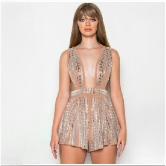 AKIRA I Run It Nude Rhinestone Mesh Romper - Picture 1 of 14